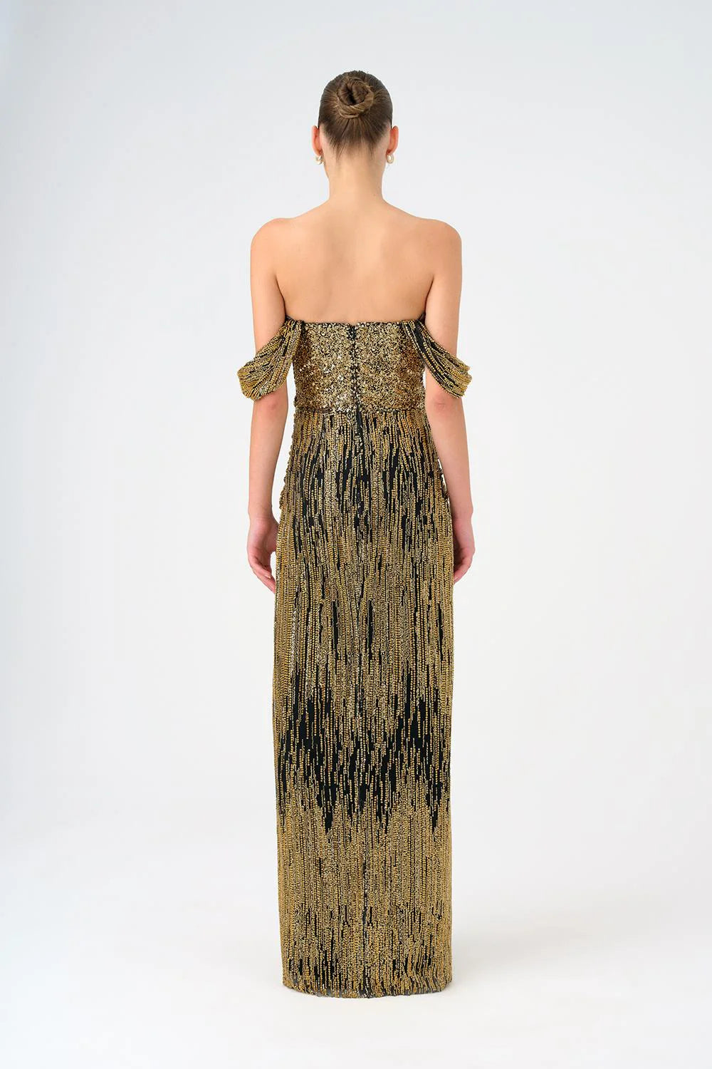 DÜŞÜK OMUZLU STRAPLEZ YAKA TAŞLI UZUN ABİYE ELBİSE - 9059C.