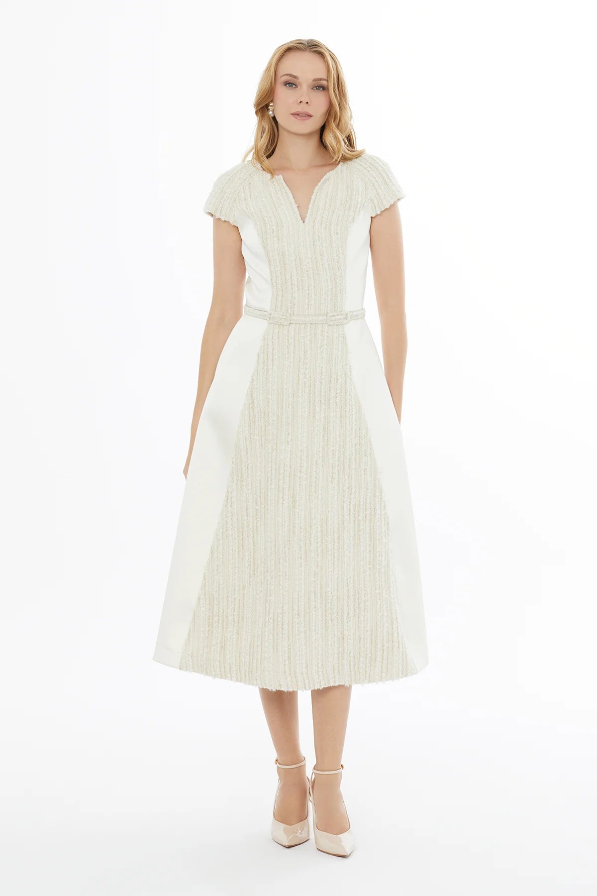 V Yaka Fermuar Kapamalı Kısa Kol Midi Elbise