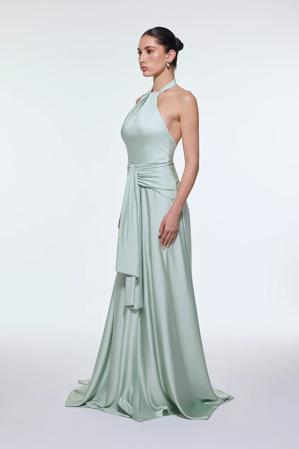 BOYUNDAN ASKILI BEL DRAPE DETAYLI UZUN ABİYE ELBİSE - 9253C