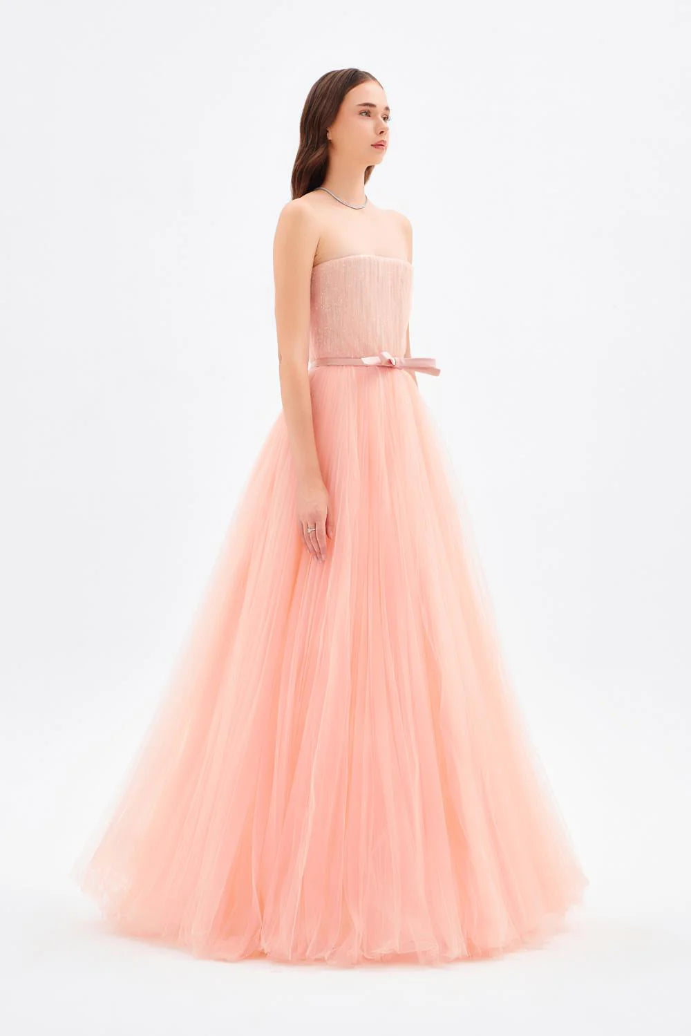 STRAPLEZ YAKA PİLİSELİ UZUN ABİYE ELBİSE - 9198C