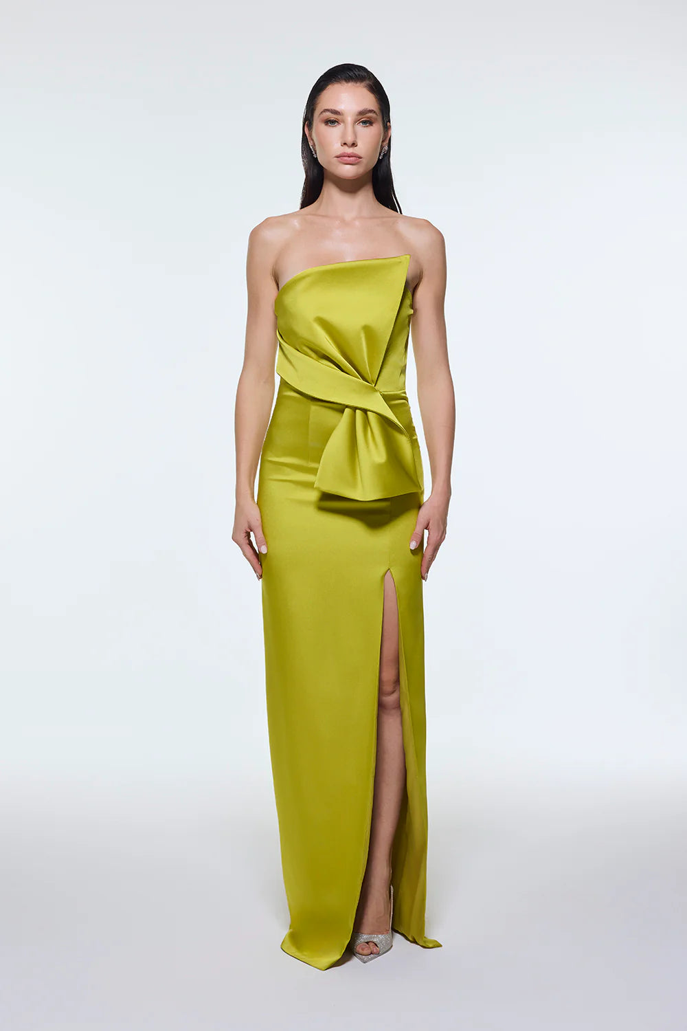 STRAPLEZ YAKA YIRTMAÇLI SATEN UZUN ABİYE ELBİSE - 9281C