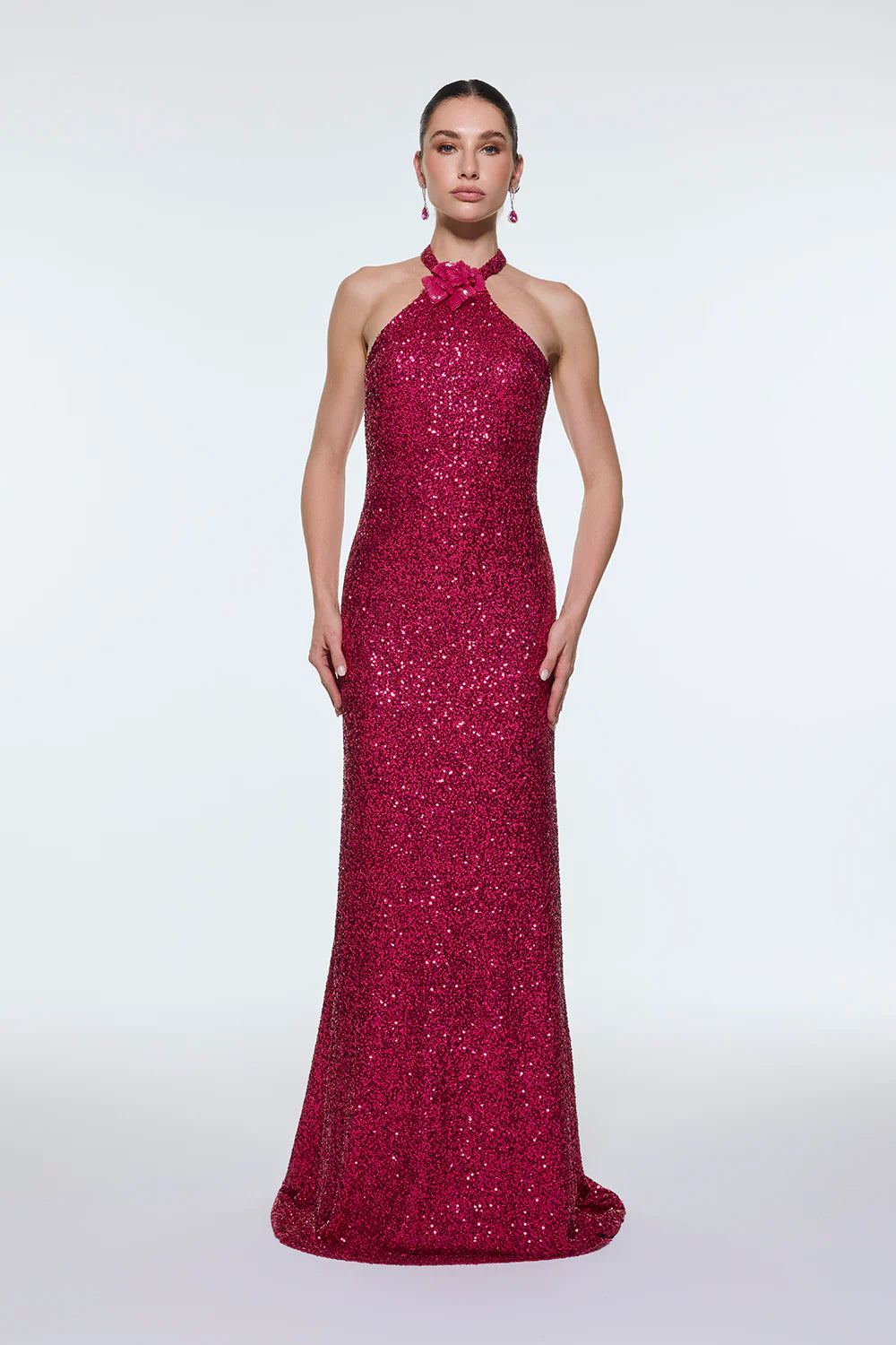 BOYUNDAN ASKILI ÇİÇEK DETAYLI PAYET UZUN ABİYE ELBİSE - 9348C