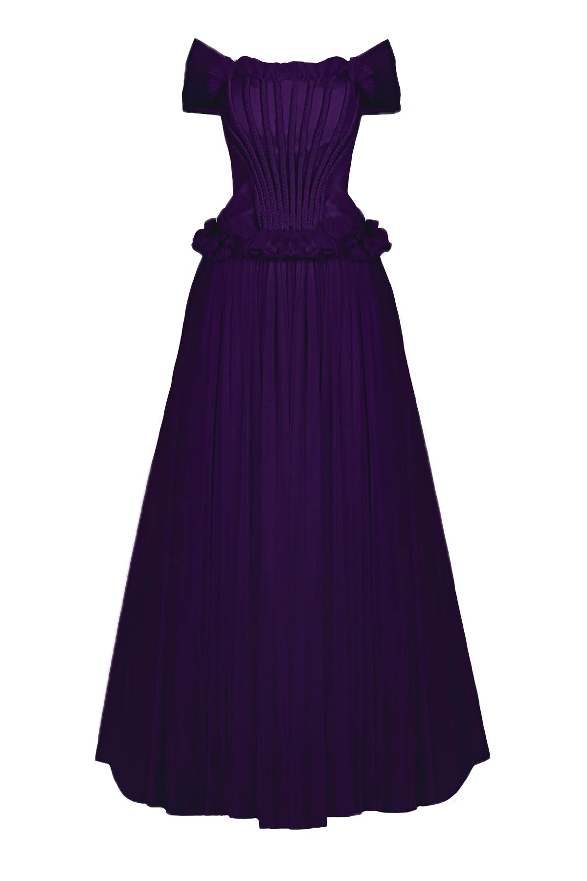 BELİ BÜZGÜ DETAYLI OMUZLARI AÇIK UZUN ABİYE ELBİSE 1237