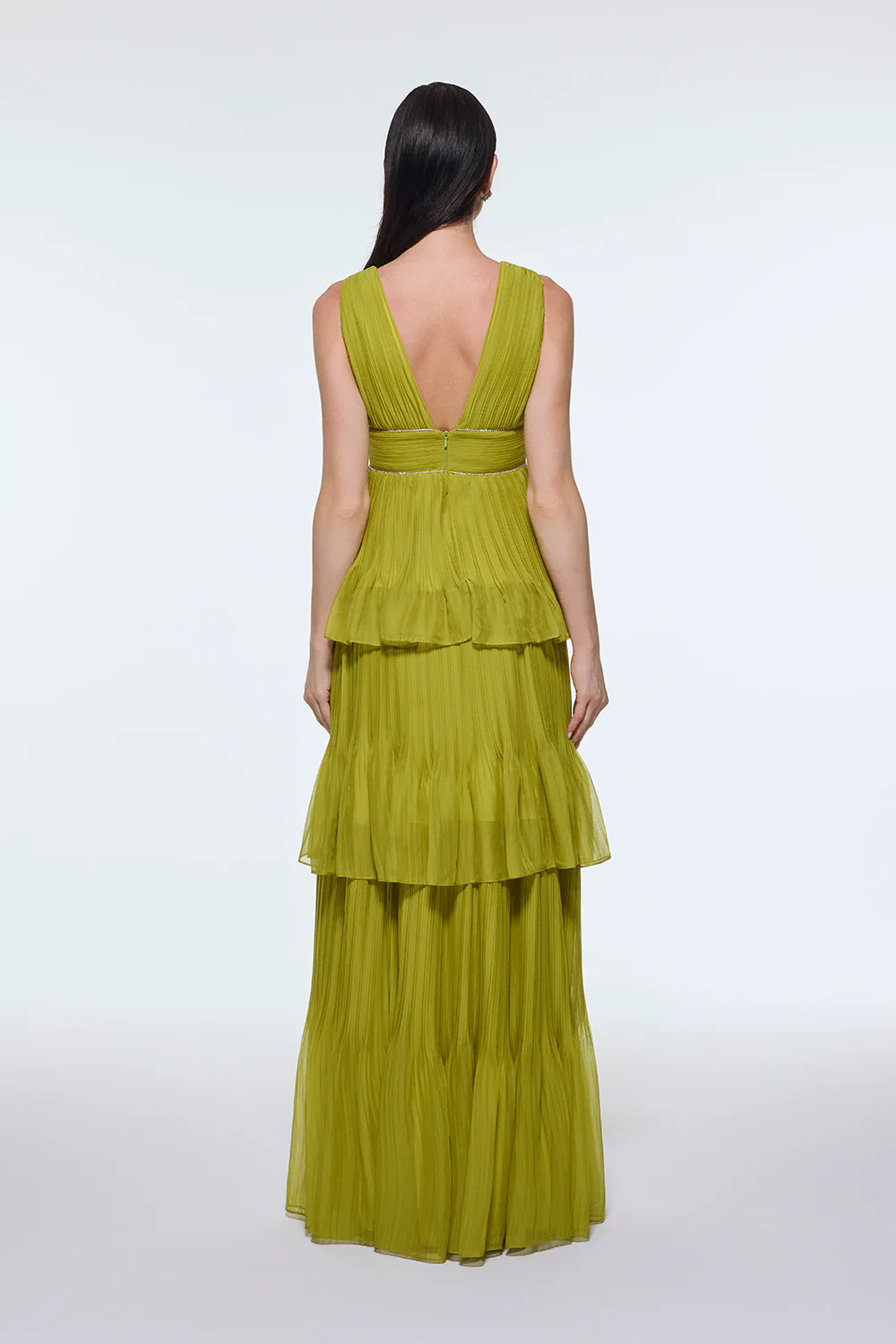 V YAKA VOLANLI ŞİFON UZUN ABİYE ELBİSE - 9274C