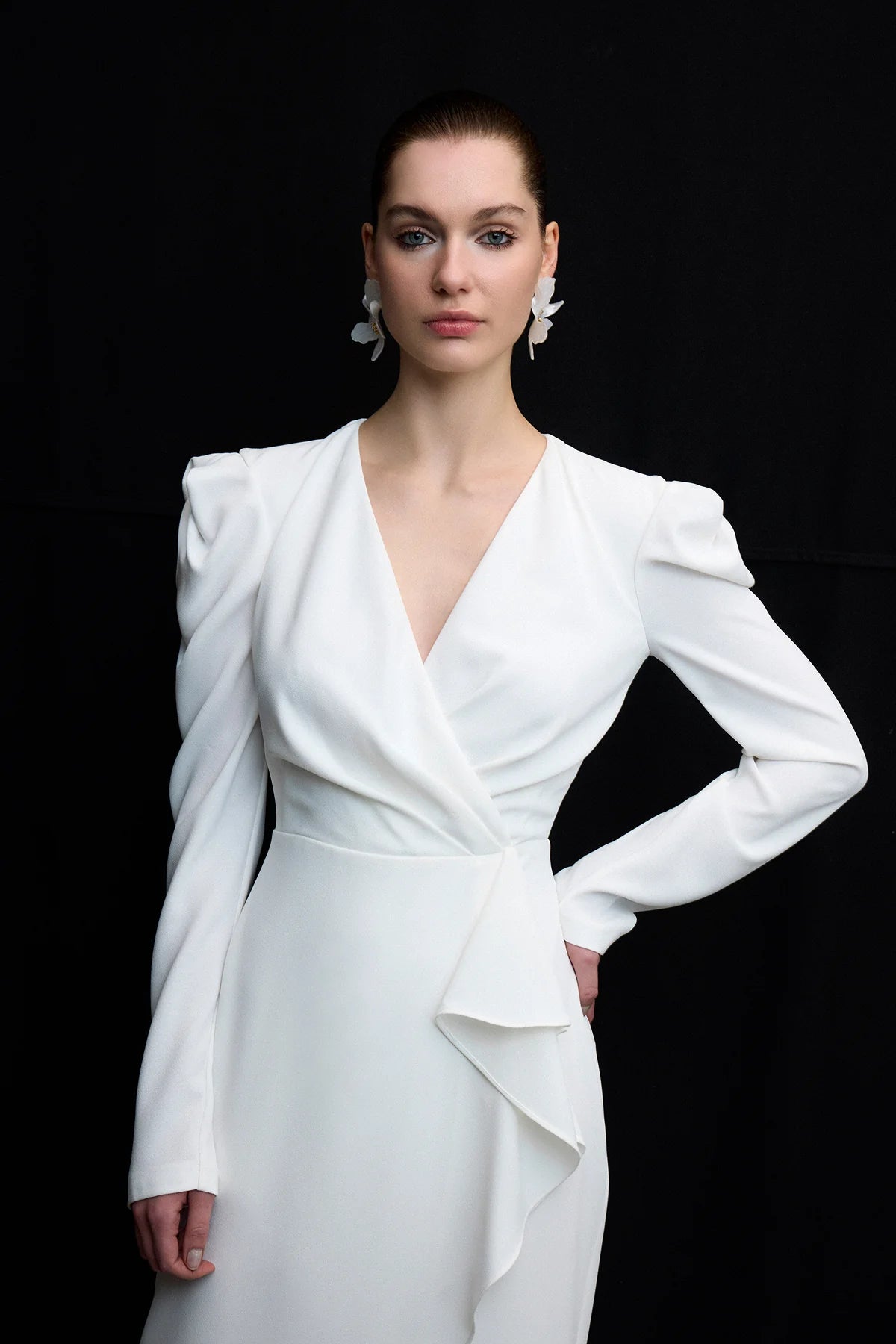 V YAKA UZUN KOLLU  DRAPELİ MİDİ ABİYE ELBİSE 1180