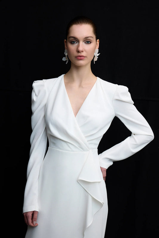 V YAKA UZUN KOLLU  DRAPELİ MİDİ ABİYE ELBİSE 1180