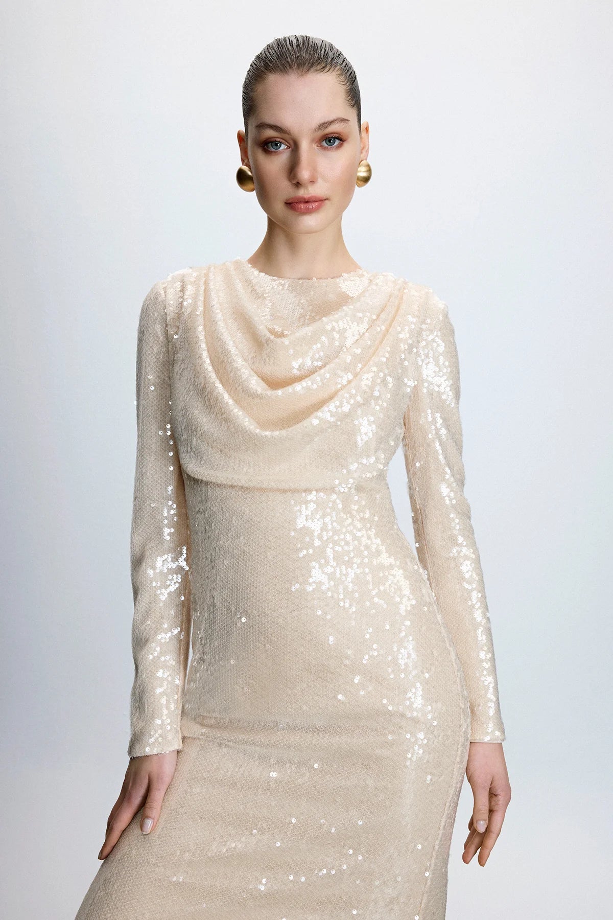 DRAPE DETAYLI PUL PAYETLİ ABİYE  ELBİSE 9116