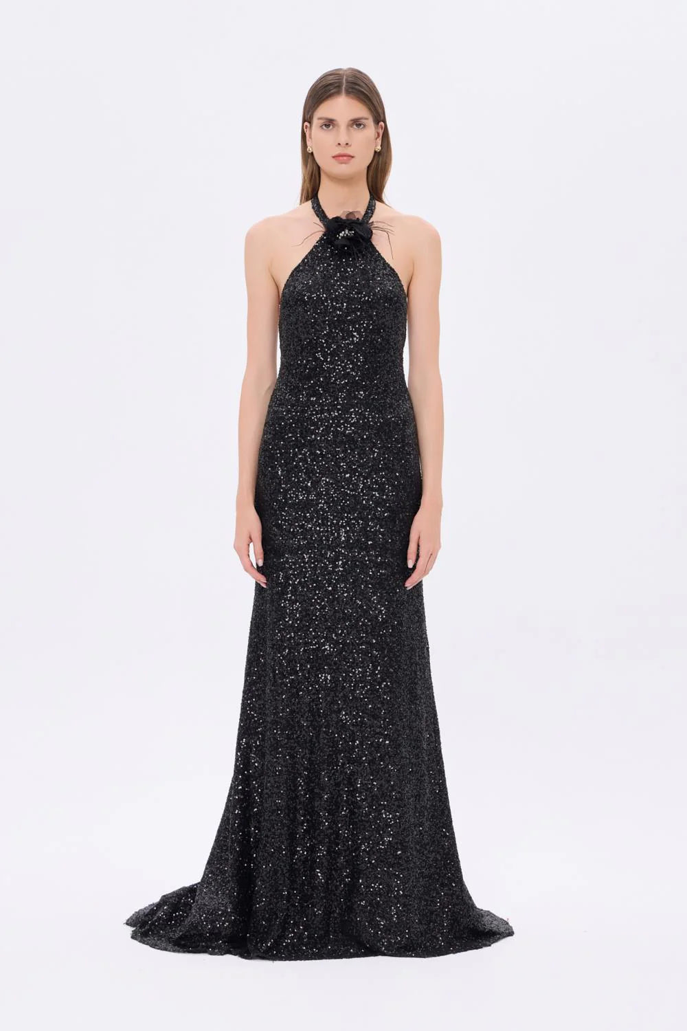 BOYUNDAN ASKILI ÇİÇEK DETAYLI PAYET UZUN ABİYE ELBİSE - 9348C