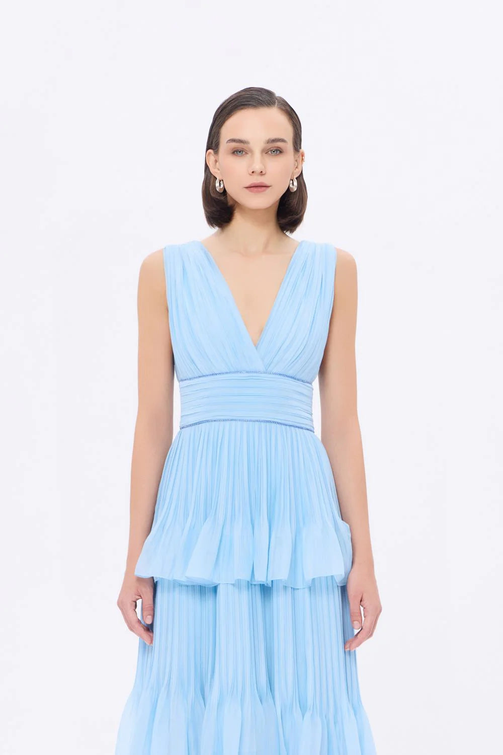 V YAKA VOLANLI ŞİFON UZUN ABİYE ELBİSE - 9274C