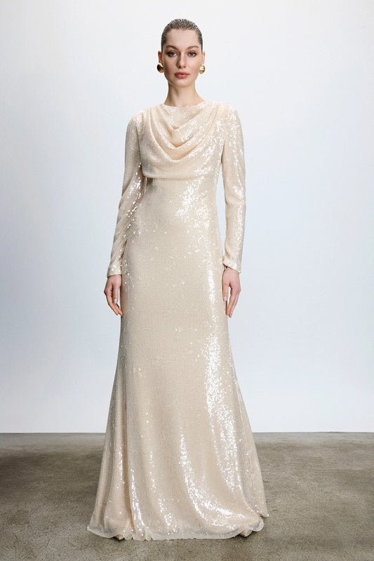 DRAPE DETAYLI PUL PAYETLİ ABİYE ELBİSE2253