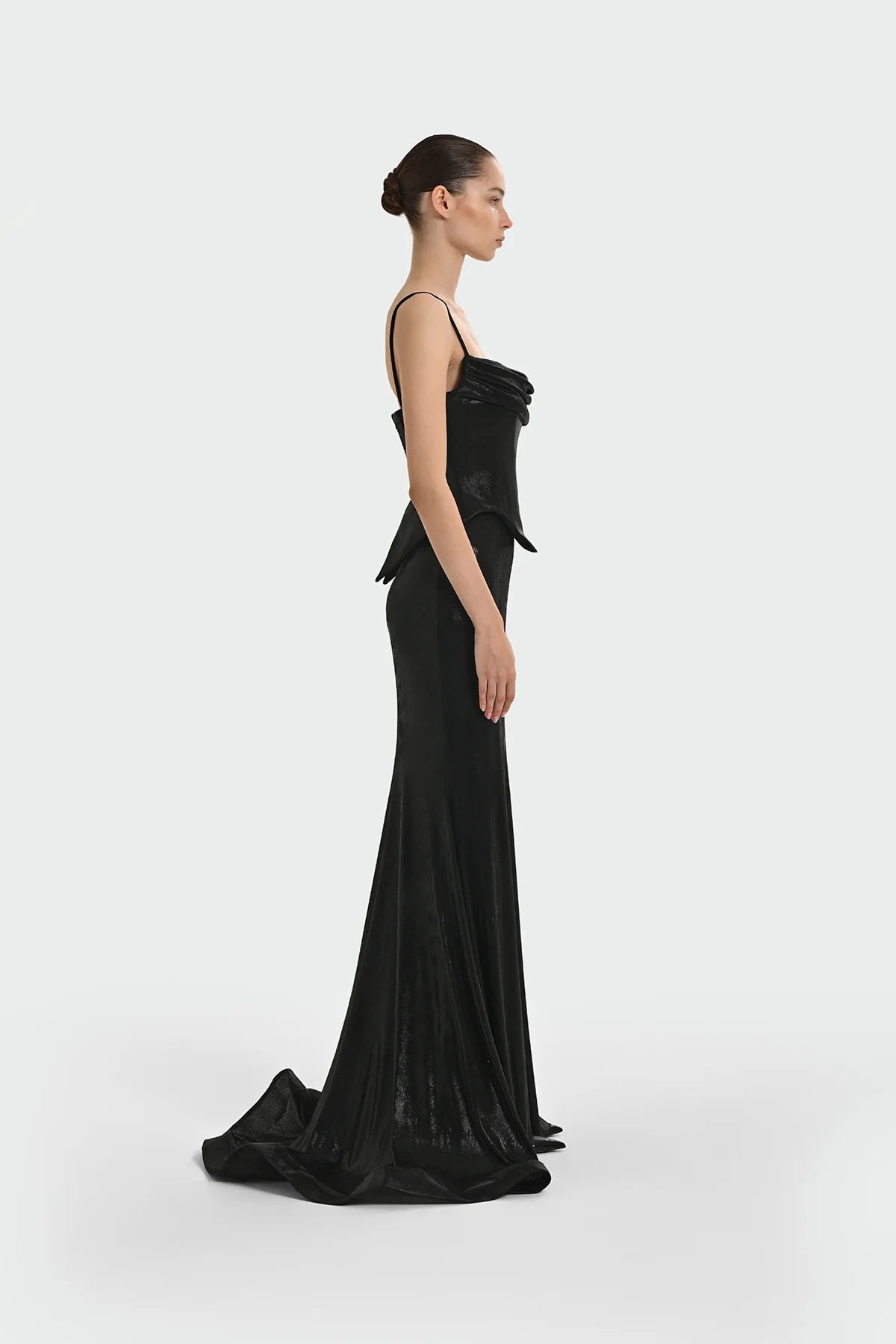 İNCE ASKILI DRAPE DETAYLI ABİYE ELBİSE