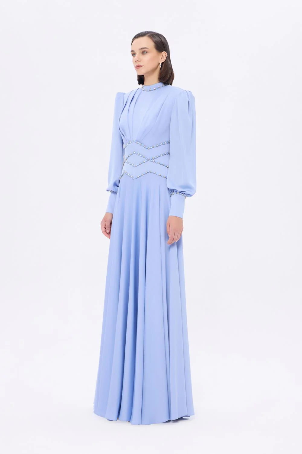 TAŞ İŞLEMELİ DİK YAKA SATEN UZUN ABİYE ELBİSE - 9219C