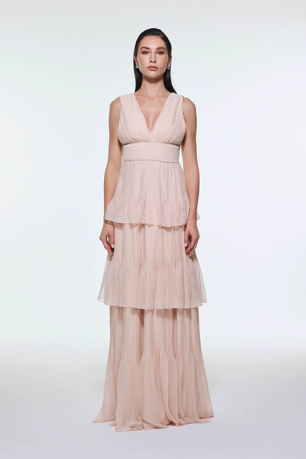 V YAKA VOLANLI ŞİFON UZUN ABİYE ELBİSE - 9274C