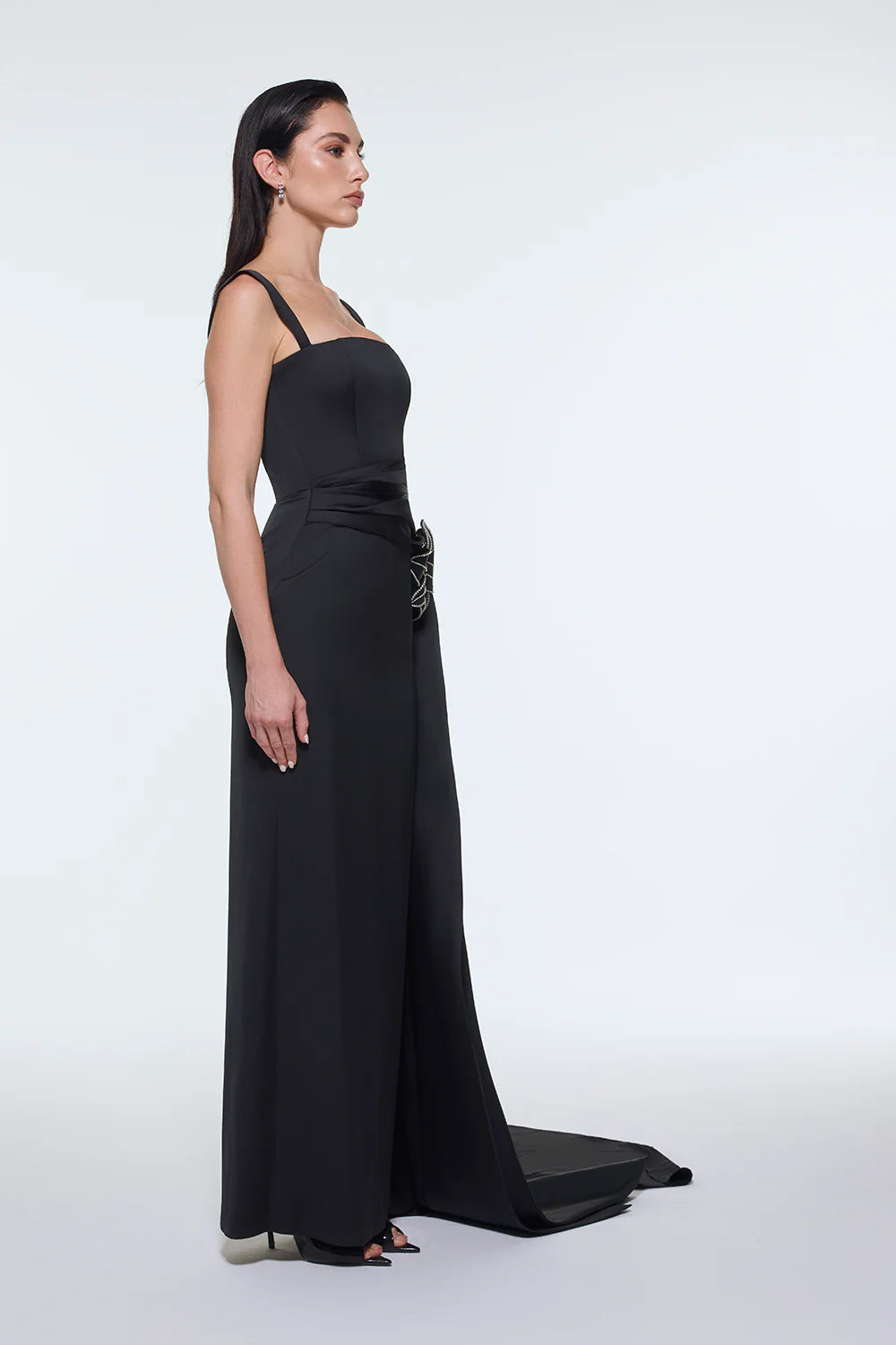 BEL DETAYLI ASKILI SATEN UZUN ABİYE ELBİSE - 9278C