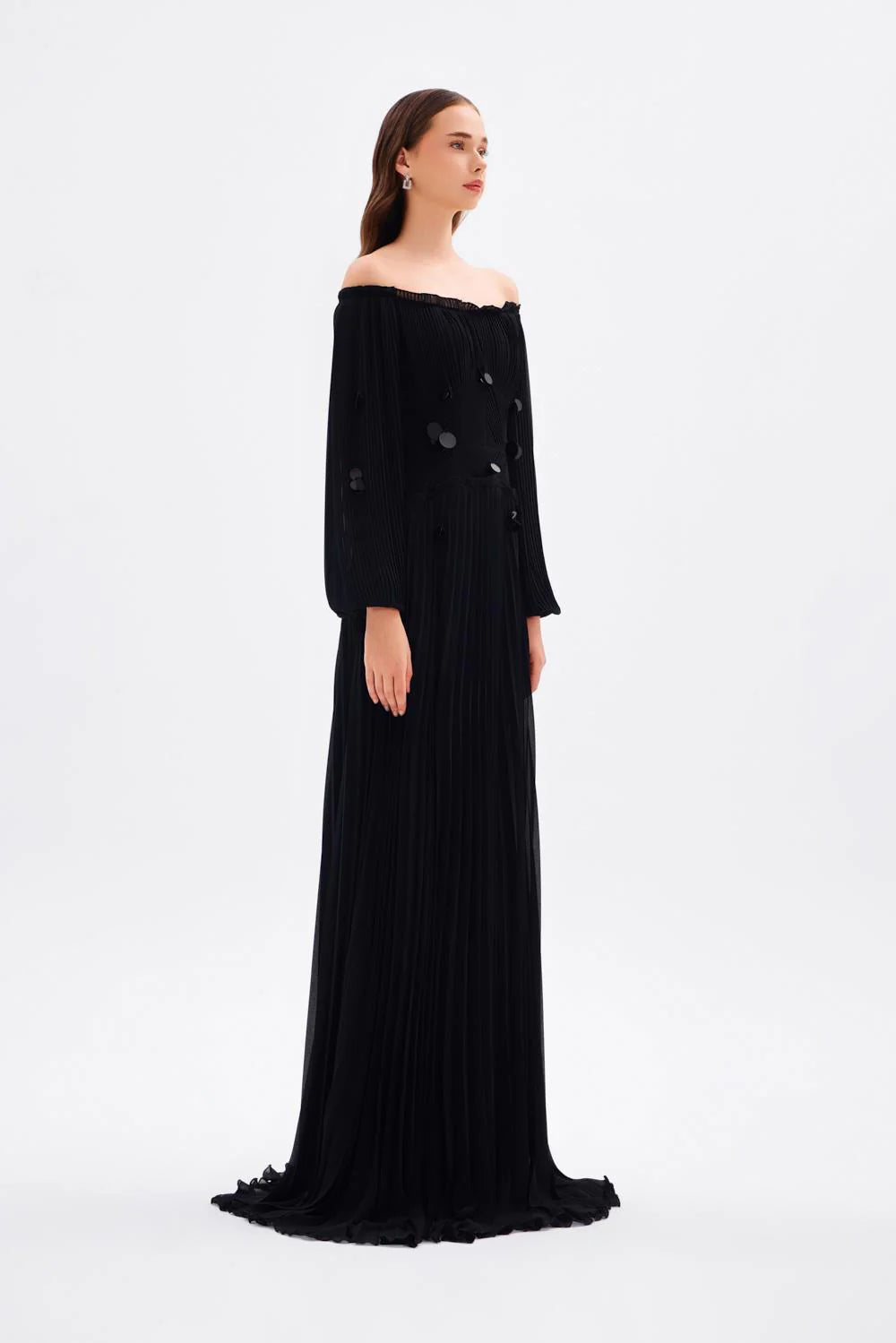 PAPATYA İŞLEMELİ DÜŞÜK KOLLU UZUN ABİYE ELBİSE - 2043C