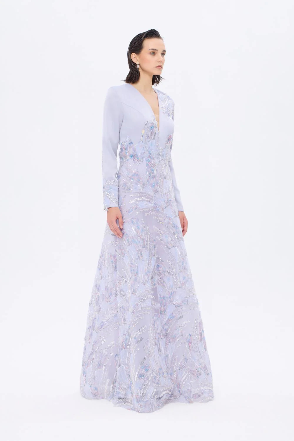 V YAKA İŞLEME DETAYLI UZUN KOLLU UZUN ABİYE ELBİSE - AP0023