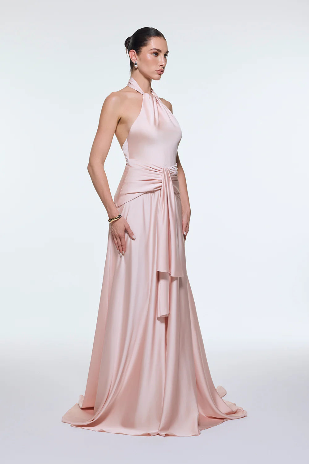 BOYUNDAN ASKILI BEL DRAPE DETAYLI UZUN ABİYE ELBİSE - 9253C