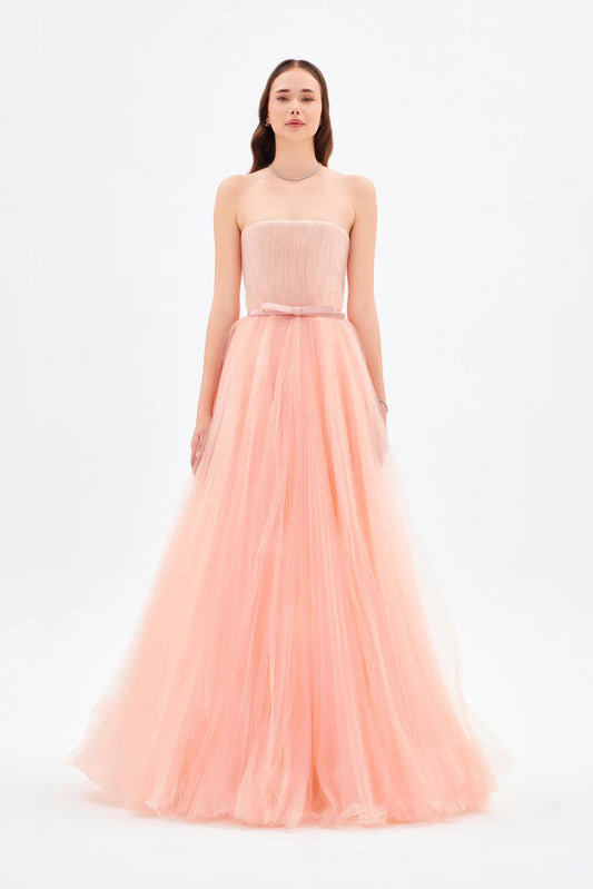 STRAPLEZ YAKA PİLİSELİ UZUN ABİYE ELBİSE - 9198C