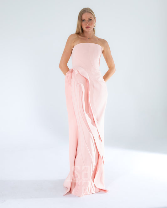 Asimetrik Kesim Drapeli Straplez Uzun Abiye 2223