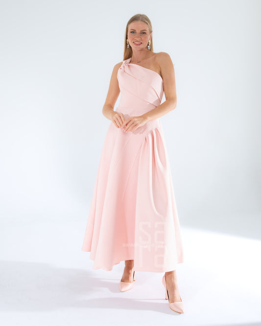 Tek Omuz Düğüm Detaylı Uzun Elbise 2215