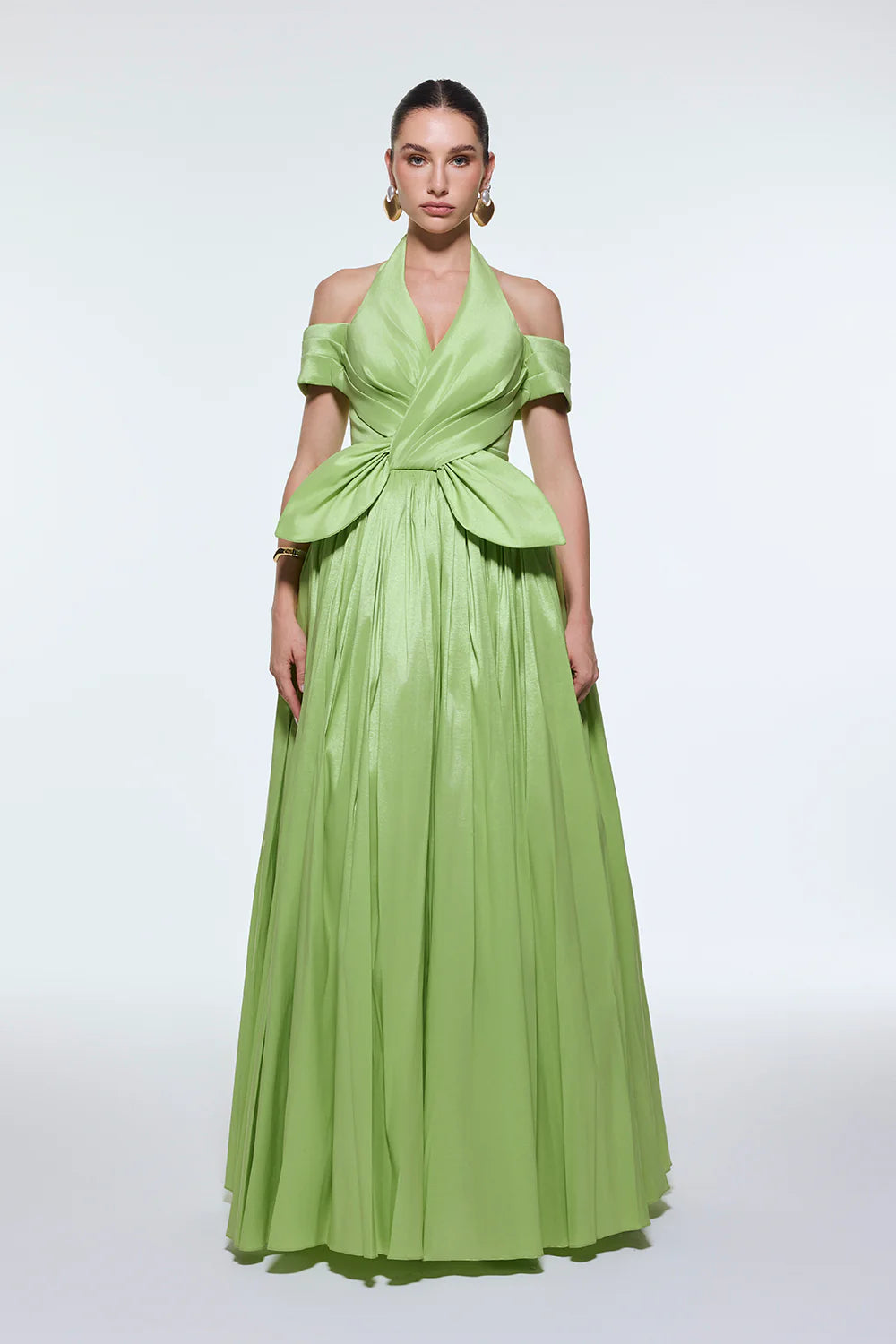 BOYUNDAN ASKILI DÜŞÜK OMUZ TAFTA UZUN ABİYE ELBİSE - 9204C