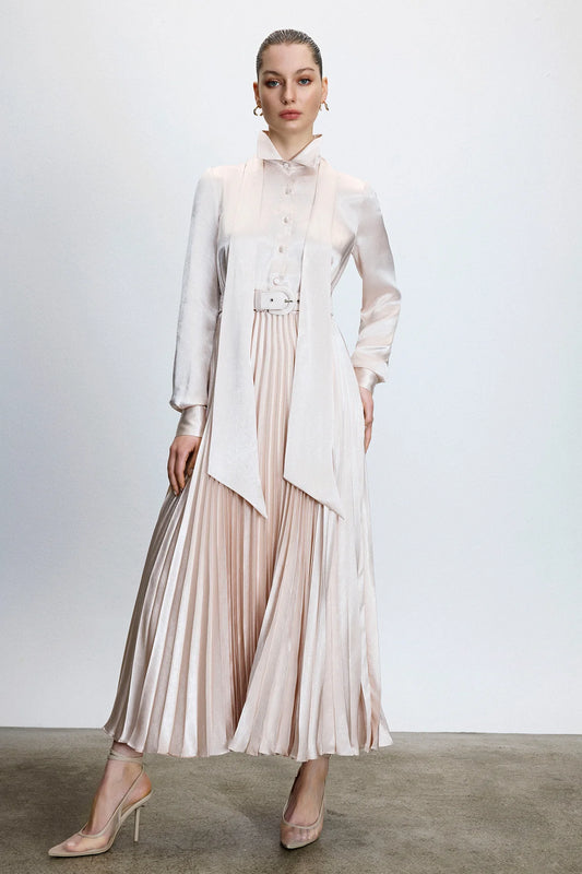 PİLİSE ETEK DETAYLI SATEN KEMERLİ UZUN ELBİSE 2040