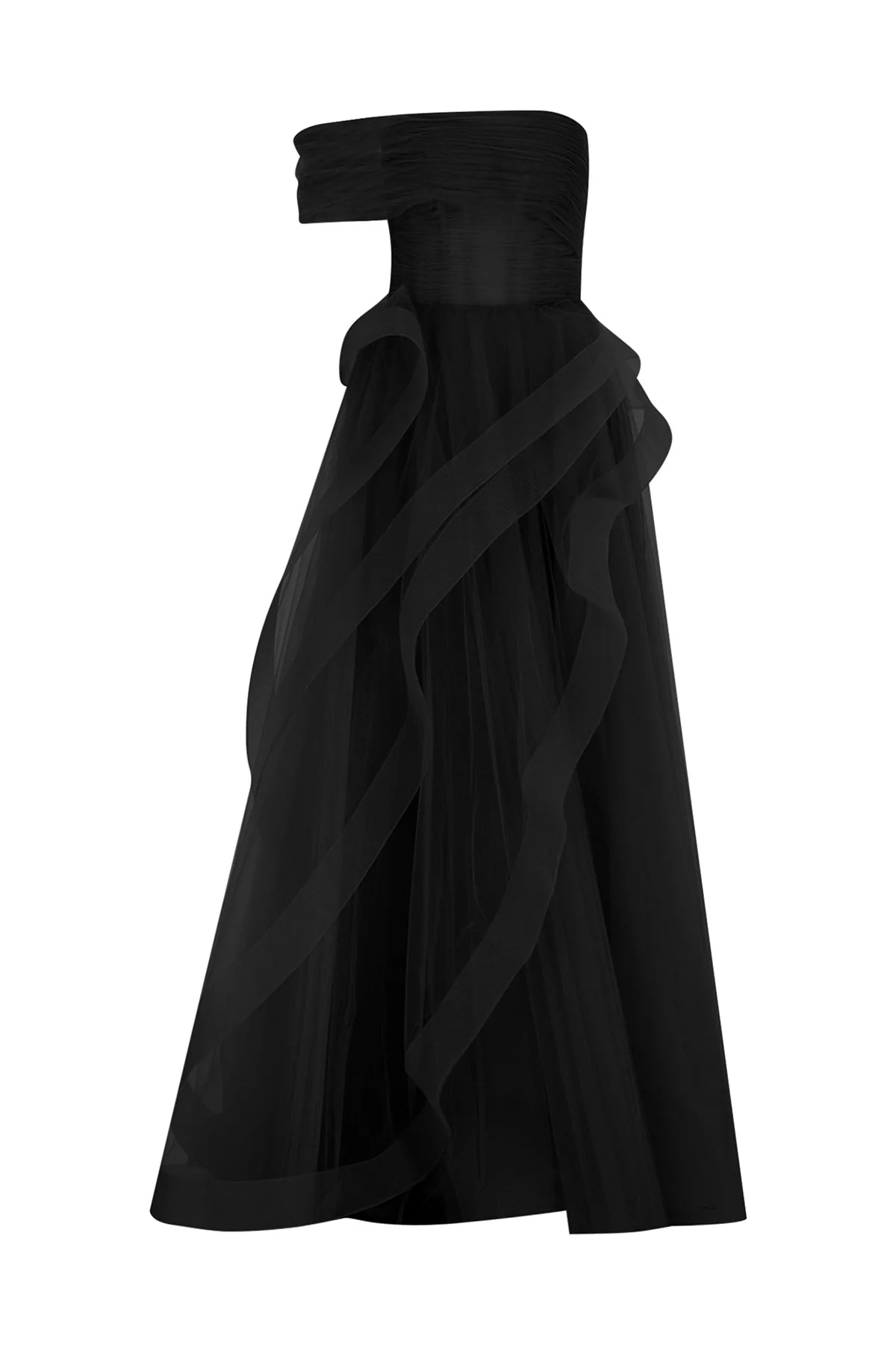 TEK OMUZ VOLAN DETAYLI TÜL UZUN ABİYE ELBİSE 2041