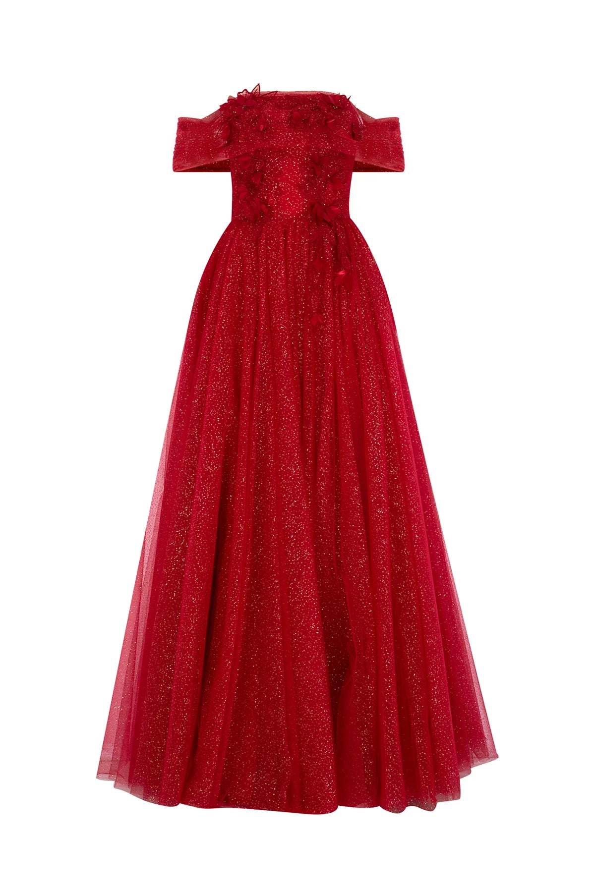 Çiçek Aplikeli Simli Tül Etek Detaylı Uzun Abiye Elbise 2239