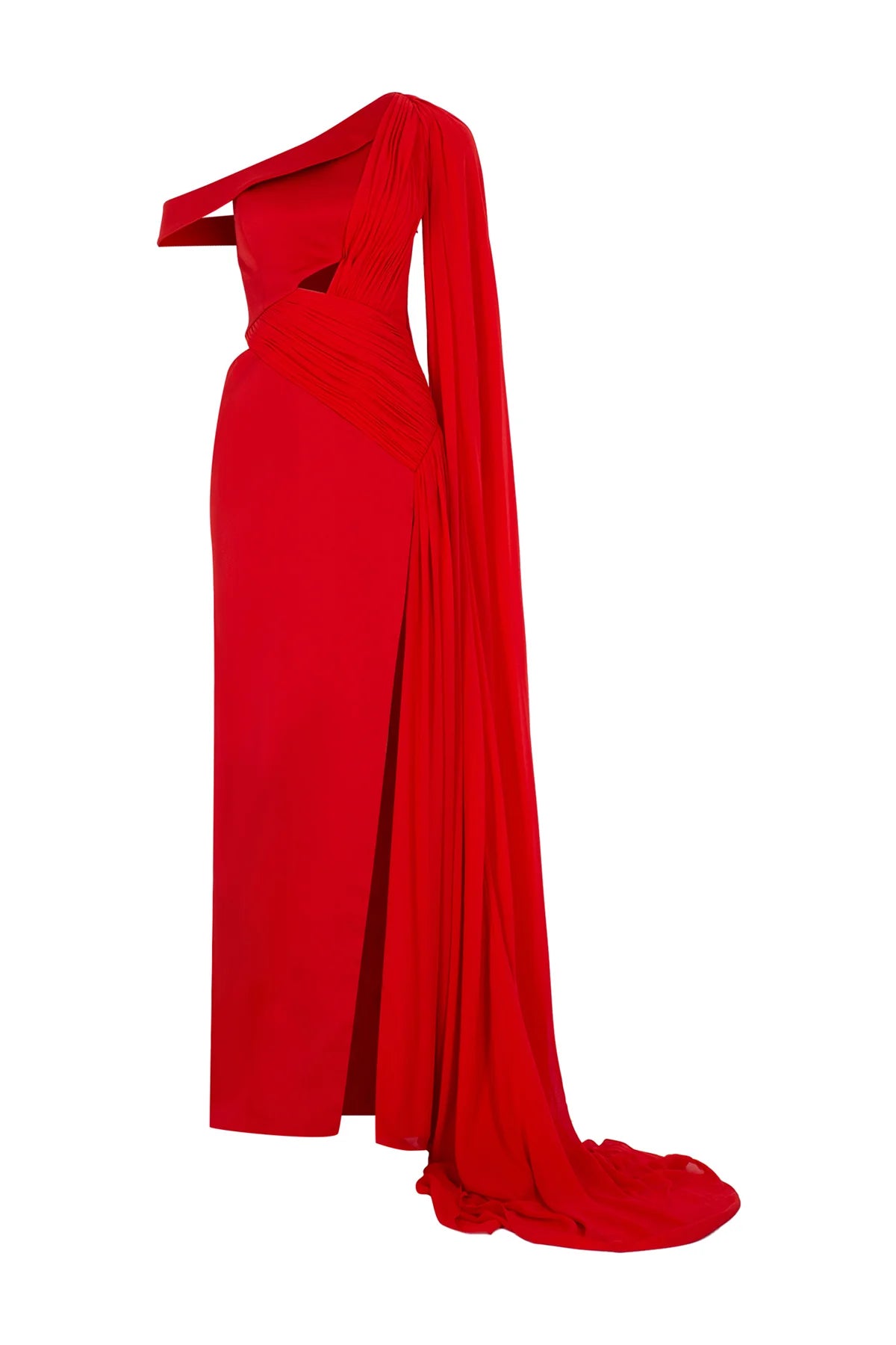 TEK OMUZ DRAPELİ PELERİNLİ UZUN ABİYE ELBİSE 2033