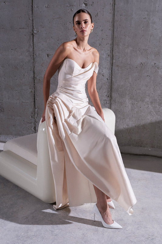 STRAPLEZ DRAPELİ SATEN UZUN ABİYE ELBİSE 2103