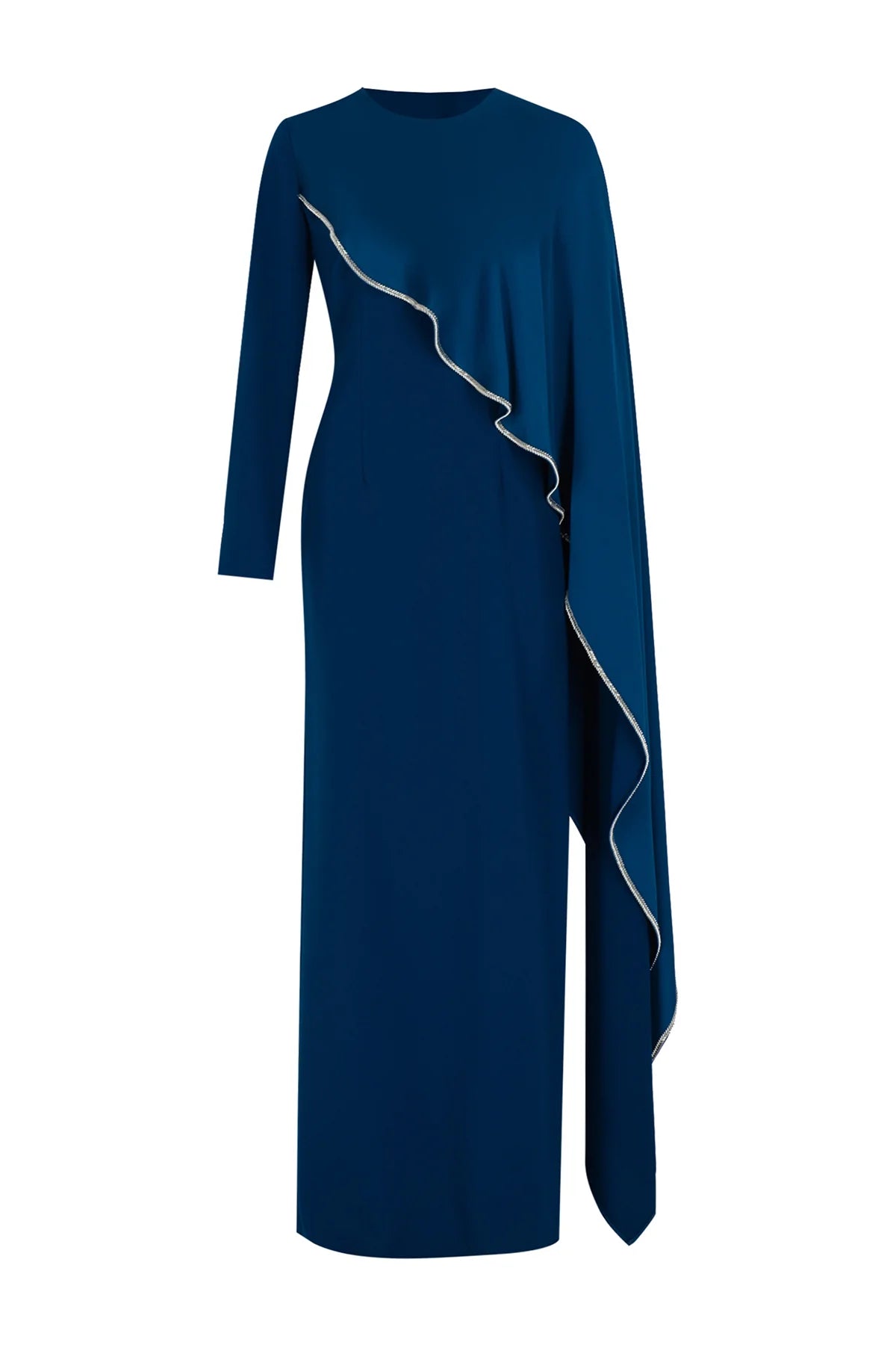 Taş Detaylı Drapeli Asimetrik Uzun Kollu Abiye Elbise 2270