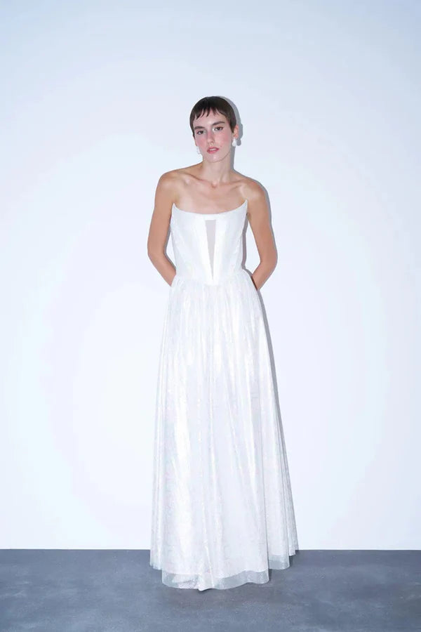 STRAPLEZ KORSAJLI ORGANZE UZUN ABİYE ELBİSE