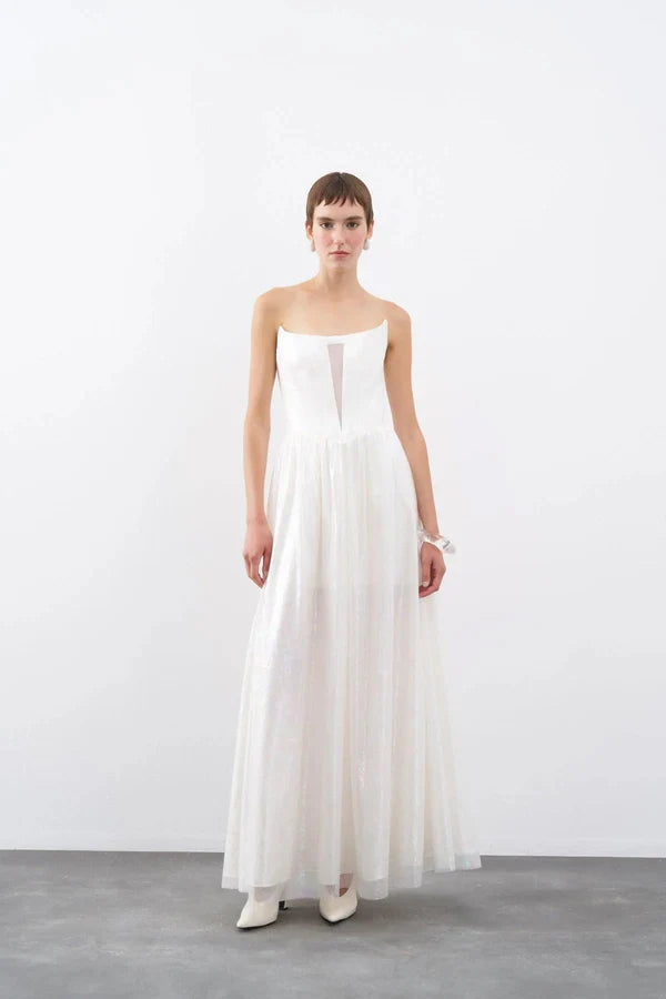 STRAPLEZ KORSAJLI ORGANZE UZUN ABİYE ELBİSE