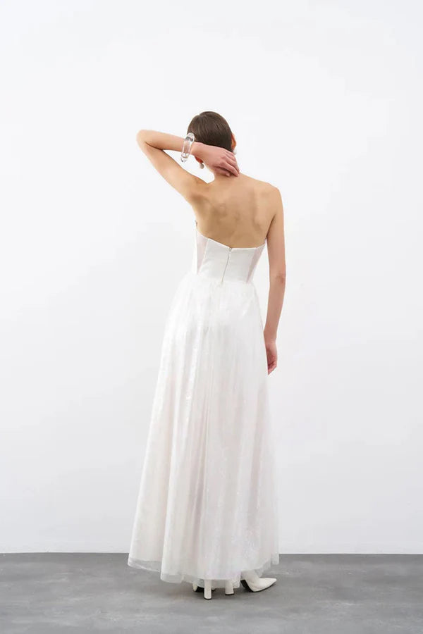 STRAPLEZ KORSAJLI ORGANZE UZUN ABİYE ELBİSE