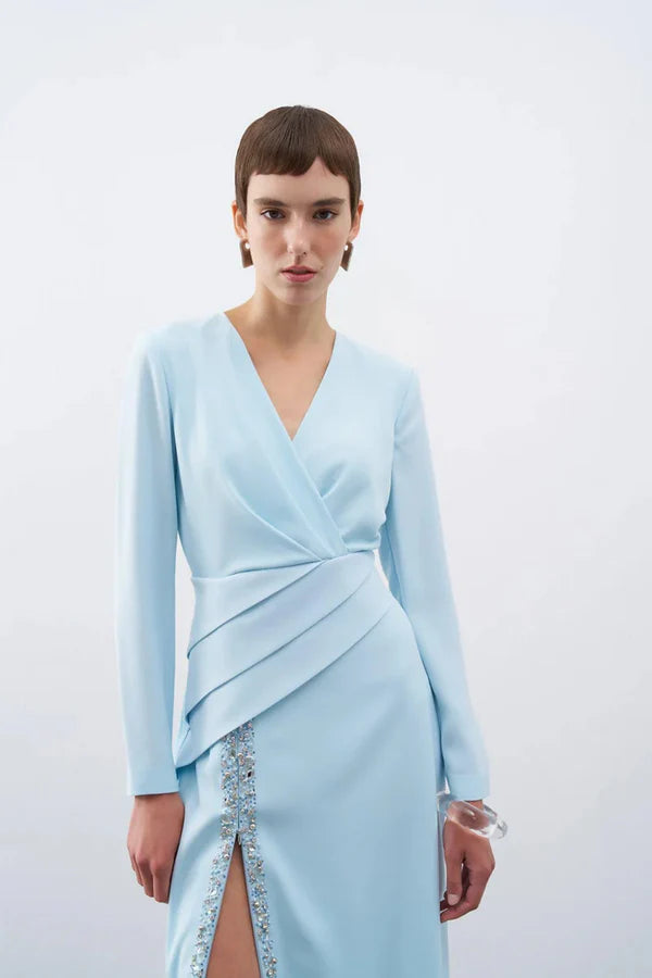 DRAPE VE İŞLEME DETAYLI YIRTMAÇLI UZUN ABİYE ELBİSE 2261