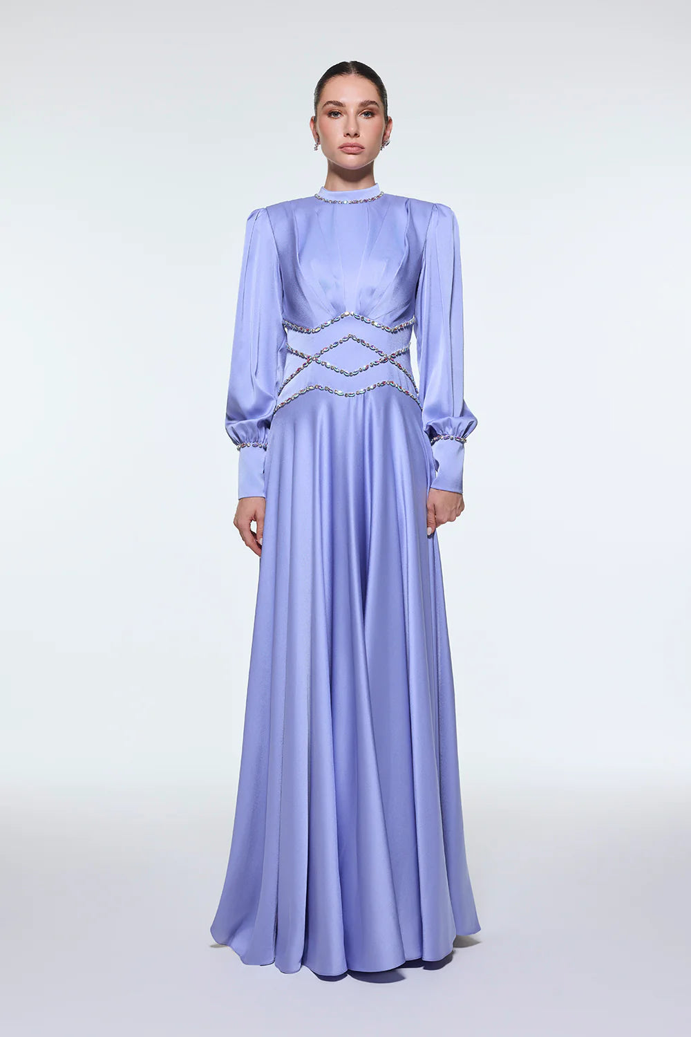 TAŞ İŞLEMELİ DİK YAKA SATEN UZUN ABİYE ELBİSE - 9219C