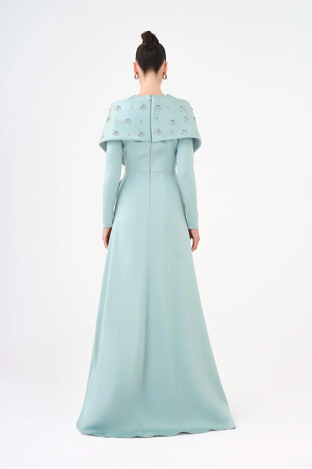 TAŞ İŞLEMELİ ŞALLI SATEN UZUN ABİYE ELBİSE - 9093C