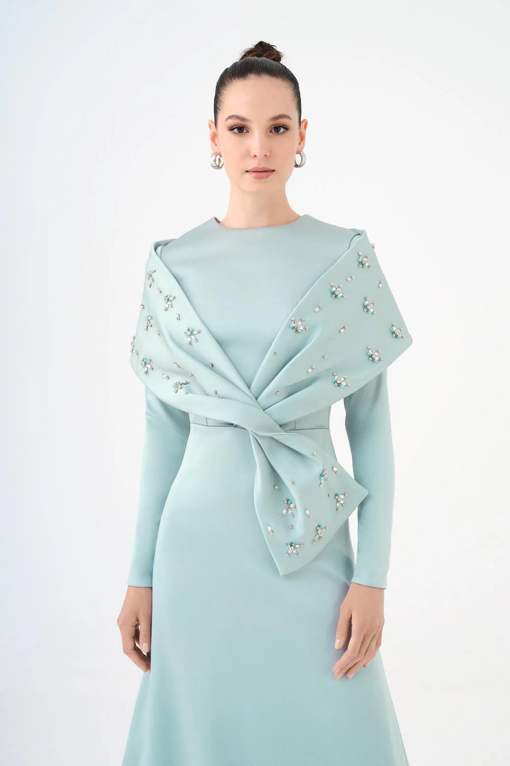 TAŞ İŞLEMELİ ŞALLI SATEN UZUN ABİYE ELBİSE - 9093C