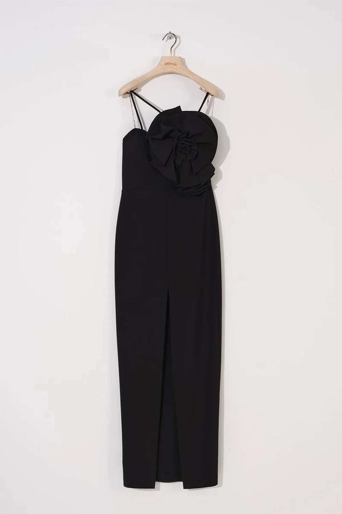 DRAPE GÜL DETAYLI ÖNDEN YIRTMAÇLI ELBİSE