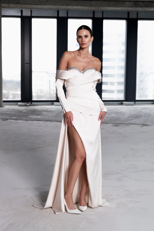 TAŞ İŞLEMELİ UZUN KOLLU SATEN YIRTMAÇLI ABİYE ELBİSE 2312