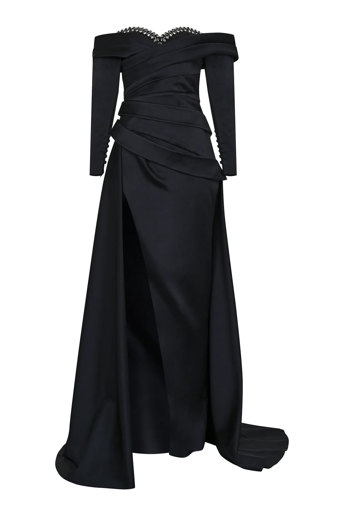 TAŞ İŞLEMELİ UZUN KOLLU SATEN YIRTMAÇLI ABİYE ELBİSE 2312