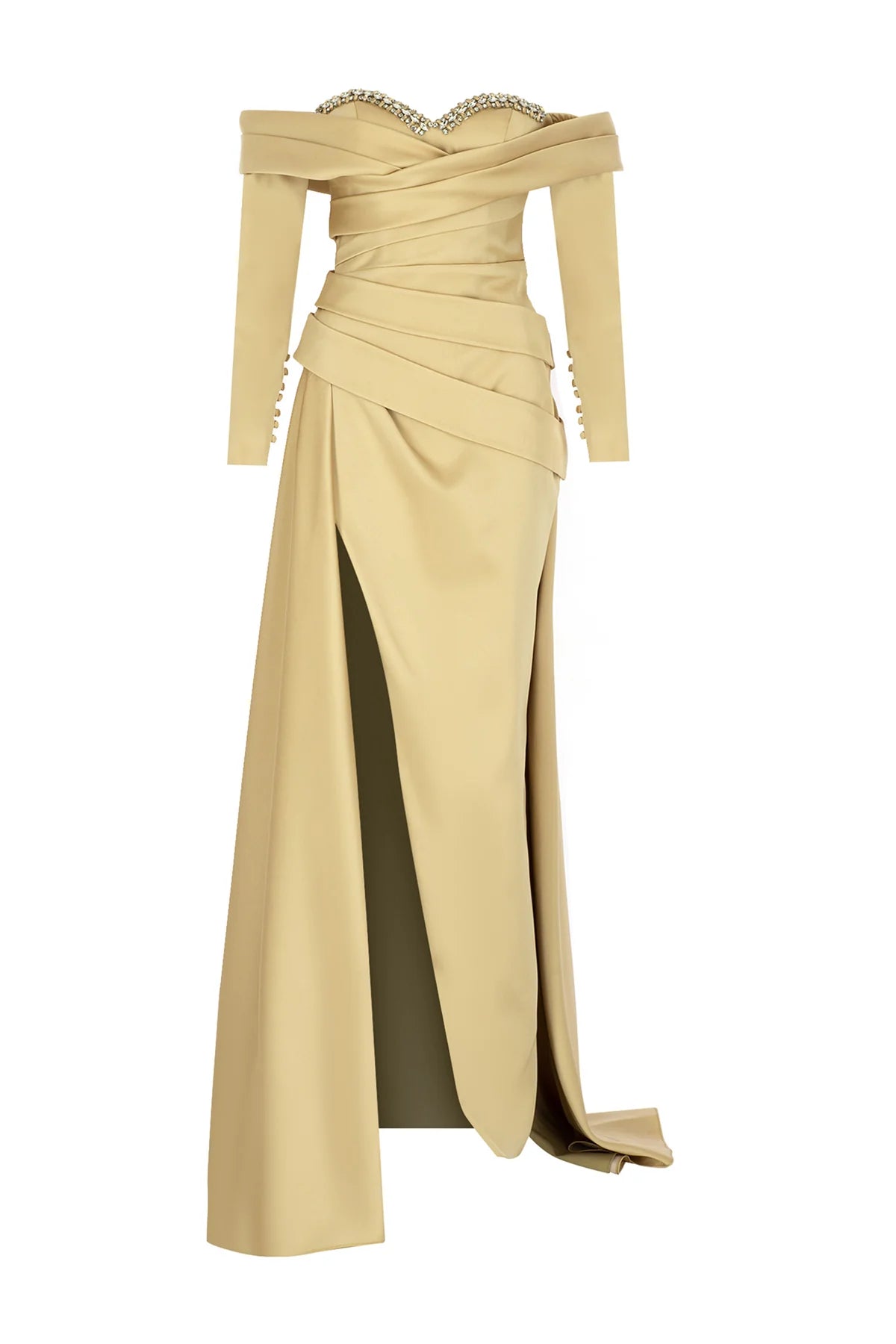 TAŞ İŞLEMELİ UZUN KOLLU SATEN YIRTMAÇLI ABİYE ELBİSE 2312