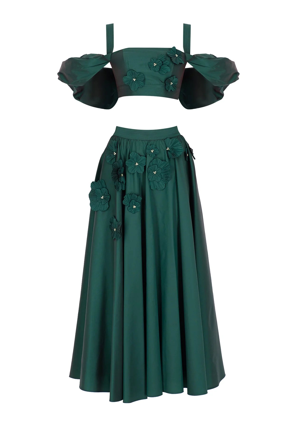 ÇİÇEK APLİKELİ CROP VE KABARIK ETEKLİ ABİYE TAKIM