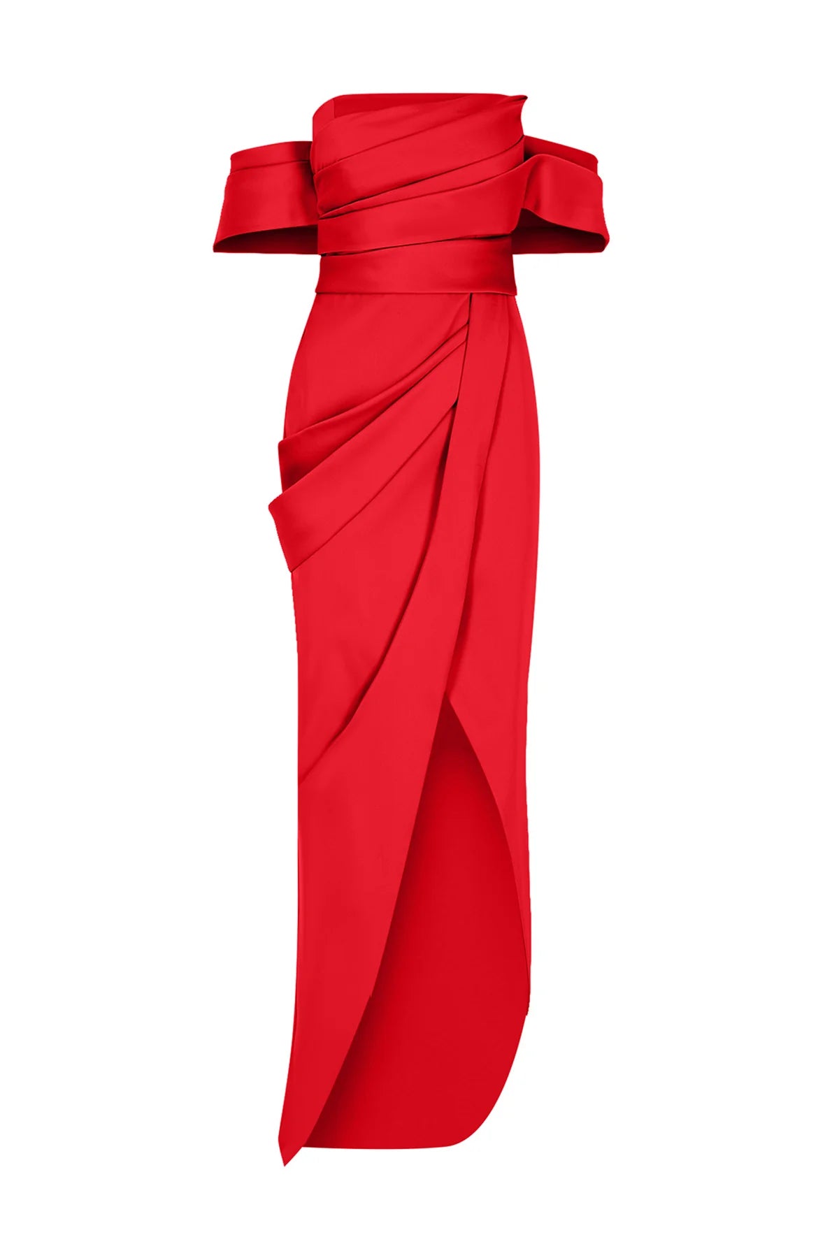 OMUZ AÇIK DRAPELİ YIRTMAÇ DETAYLI UZUN ABİYE ELBİSE