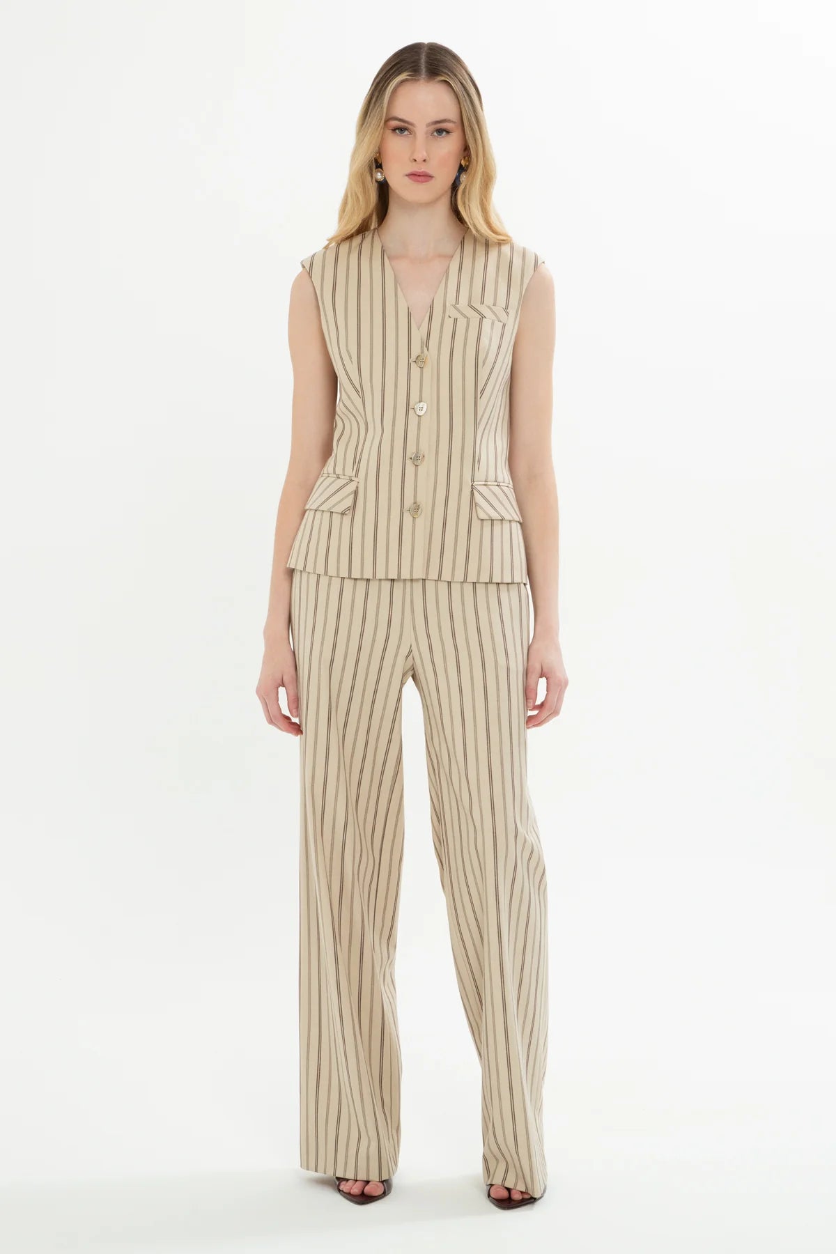 Yelekli Ve Palazzo Pantolonlu Çizgili Takım