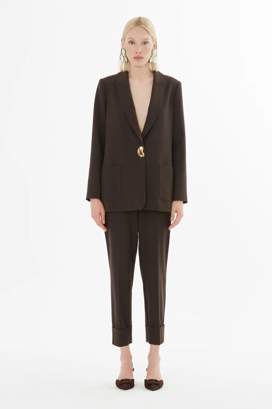 Metal Düğmeli Duble Paçalı Beli Lastikli Pantolonlu Takım