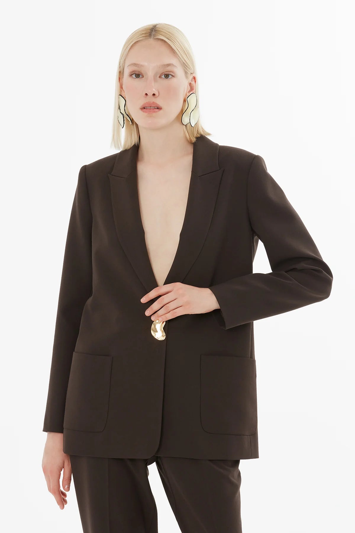 Metal Düğmeli Duble Paçalı Beli Lastikli Pantolonlu Takım