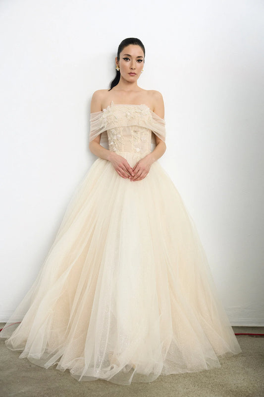 Çiçek Aplikeli Simli Tül Etek Detaylı Uzun Abiye Elbise 2239