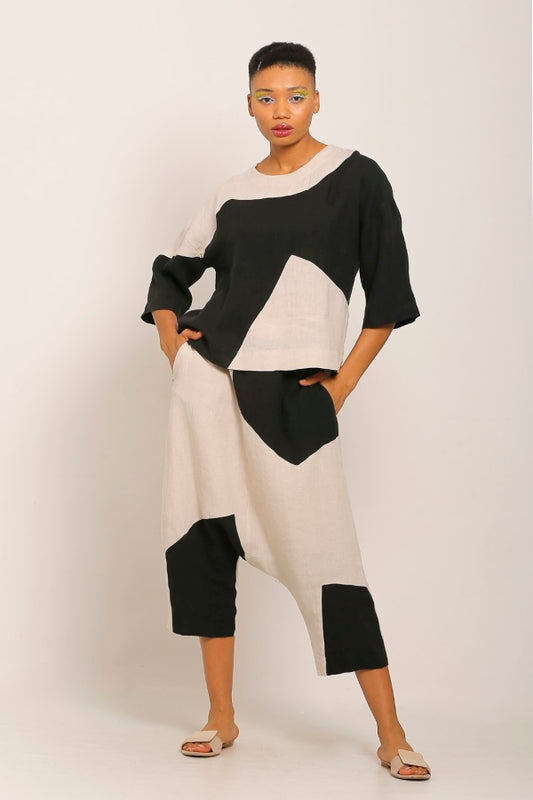 شالوار من الكتان ثنائي اللون - بيج